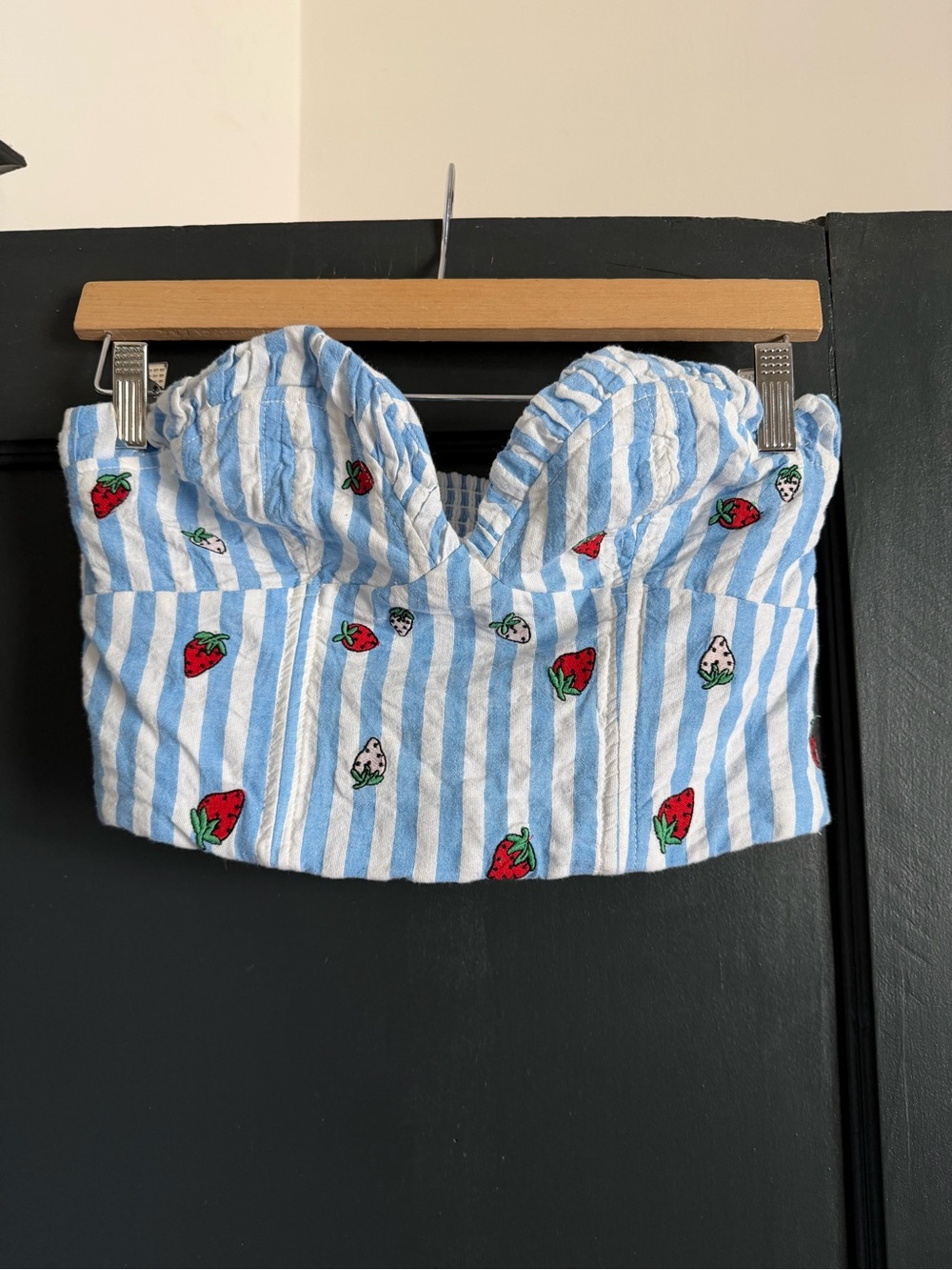 Striped Blue & White Corset Top with Strawberry Print